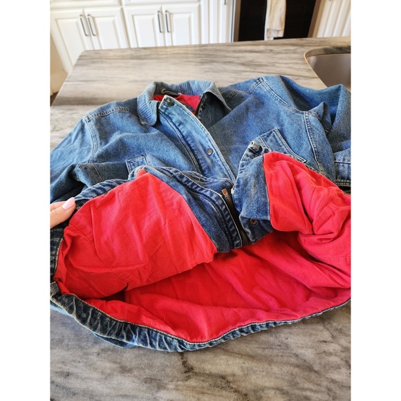 Vintage 80s Yearbook Denim Jacket Oversized Utility‎ Pockets Red Lined Medium - Picture 10 of 12